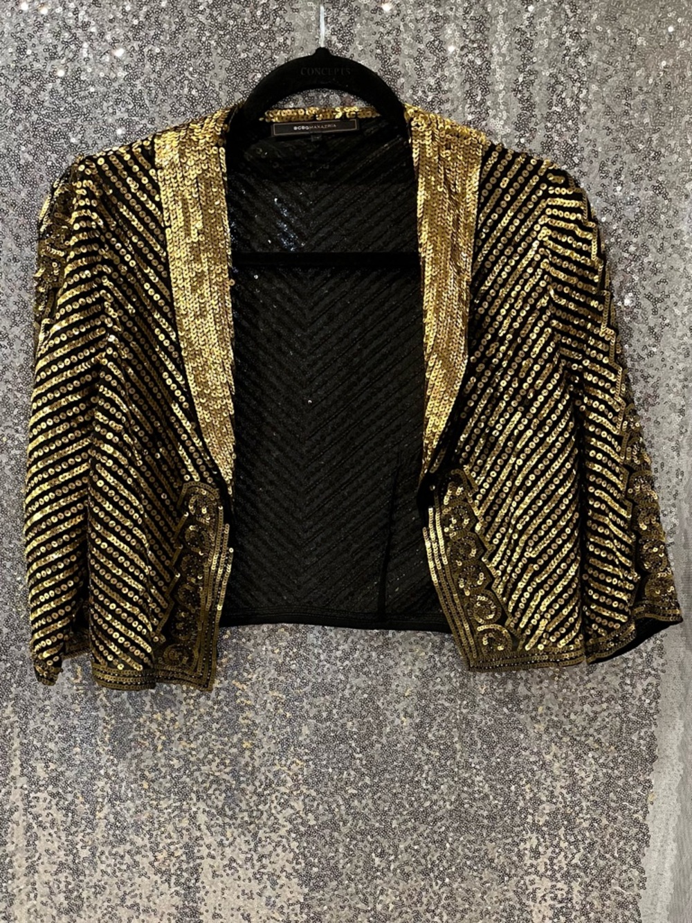 BCBGMaxAzria Black and Gold Sequin Open-Front Blazer